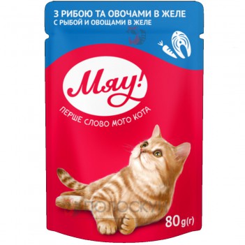 ﻿МЯУ консервований корм для дорослих котів з рибою та овочами в желе 80г МЯУ